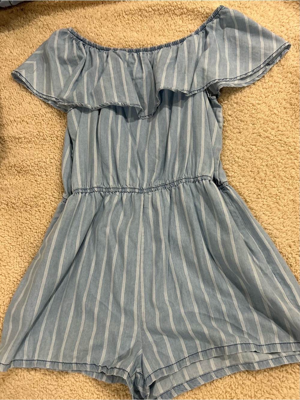 Ci Sono Light Blue and White Striped Off-Shoulder Romper